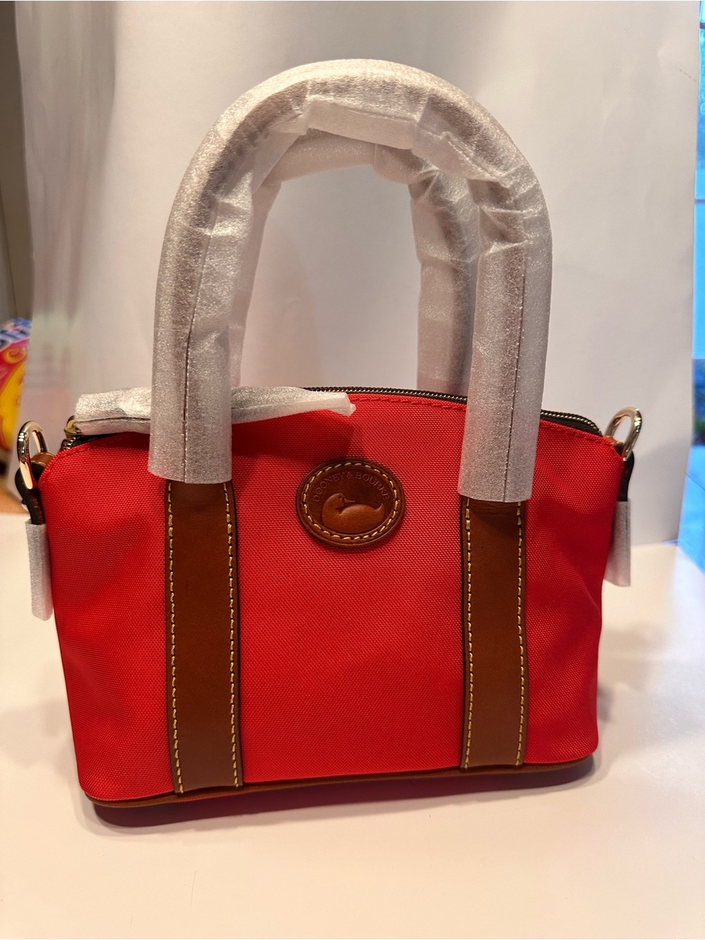 Dooney & Bourke Red Nylon Madeline Satchel with Brown Trim
